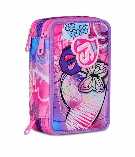SJ GANG STYLE JAM GANG Astuccio Scuola 3 Zip, Fucsia, Portapenne Triplo Scomparto Completo Di Penne, Matite, Colori, Accessori Zaino, Scuola Elementare, Bambina