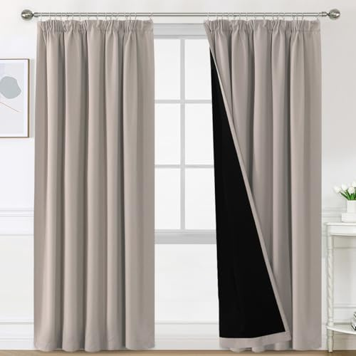 BellaHills 100% Gardinen mit Kräuselband Blickdicht Vorhang Kälteschutz Verdunklungsvorhänge Gardinen Wohnzimmer, Schallschutz Vorhang 2er Set H260 x B140 cm, Natur