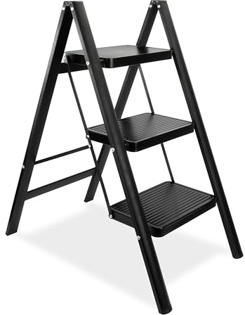 Escabeau Pliable 3 Marches, Tabouret de Marche Pied Acier au Carbone Pliant avec Pédale Antidérapante, Léger et Portable pour Bureau et Cuisine, Charge Maximale 150 kg (Noir)