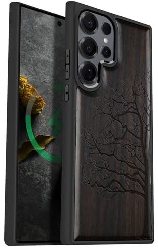 Carveit Étui Magnétique pour Galaxy S25 Ultra Coque Bois Cover, Bois Etui de Téléphone Antichoc Compatible Magsafe avec Samsung S25 Ultra 5G Case (Bois Sombre-Arbre éternel).