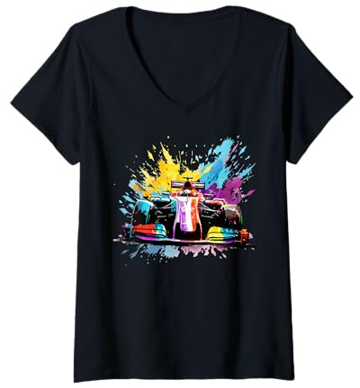 Femme Voiture de course colorée Splash Art Racer T-Shirt avec Col en V
