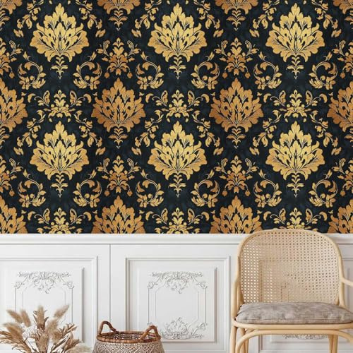 Générique Floral Papier Peint Avec Support adhésif Mat étanche à l'eau Imprimé Fleur Dorée Auto-adhésif Autocollant Amovible Pour Maison Salon Chambre Canapé Cusine 45x500CM