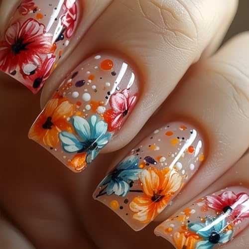 Press on Nails Medium Square SWEKKE Floral Fake Nails False Nails with Colorful Flower Designs Glossy Glue on Nails Full Cover Summer Spring Stick on Nails for Women Girls 24Pcs