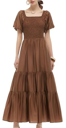 GOELIA Summer Dresses for Women Square Neck Smocked Tiered Maxi Dress Puff Sleeve Elastic Waist A-Line Dresses for Women