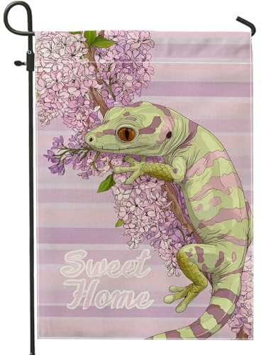 Drapeau de jardin floral gecko printemps été, pêche, lilas, décoration d'intérieur, bannière de jardin, drapeau artistique double face, décoration de pelouse extérieure, 30,5 x 45,7 cm