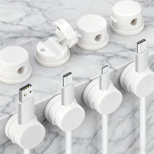 8 Pack Cable Clips, 360° Rotatable Cable Management, White | Self-Adhesive, Wire Organizer Holder, For Desk, Nightstand, Car, Wall, Office, Kitchen, Tidy Charging Cables, HDMI, USB Wires