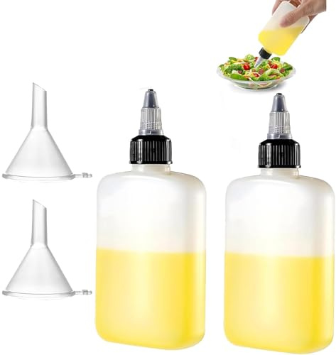 2 kleine Squeeze Flaschen Ölflasche Ölspender mit Kappen, 100 ml Mini-Quetschflaschen mit 2 Trichtern, Ölflasche Plastik für Saucen Öle Gewürze, praktische Quetschflaschen Reise Outdoor Kochen