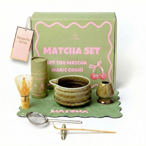Ally Maison® Premium Matcha Set 7-teilig – Design Keramik Schale mit Ausgießer, Bambusbesen & Zubehör – Komplettes Matcha Ritual Set für höchste Ansprüche – Exklusives Geschenkset