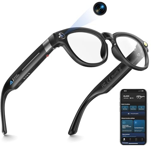 Occhiali con fotocamera da 8 MP, occhiali intelligenti AI con traduzione in tempo reale e analisi degli oggetti, registrazione video HD 1200P 4K, nessun WiFi richiesto, occhiali da sole che cambiano