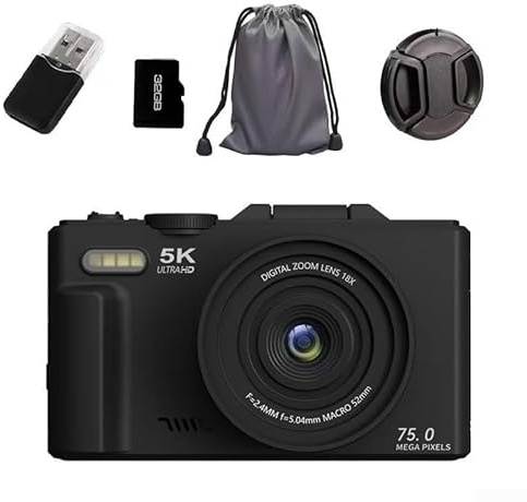 Appareil photo numérique HD 5K avec 75 MP, zoom autofocus 18x, Wi-Fi et écran rabattable de 7,6 cm pour les voyages, le vlogging et les réseaux sociaux (noir, 32 Go)