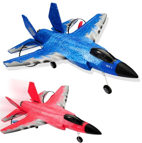 Fremego F-35 RC Flugzeug für Anfänger, 2 Stück 2.4Ghz Ferngesteuertes Flugzeug Raptor Fighter Flugzeugs Modell mit 6 Axis Gyro System Blau&Rot