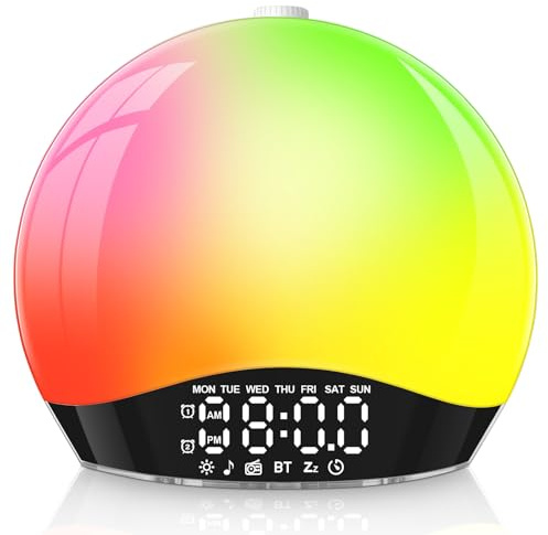 Bawoo Eveil Lumière avec Enceinte Bluetooth,Lampe Reveil Lumineux Simulateur d'Aube,Lampe de Chevet LED,17 Couleurs Veilleuse,20 Niveaux de Luminosité, 22 Sons, Double Alarme, Snooze,Mode Week-End