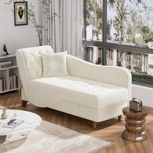 DAMAIFROM Chaise Lounge Chair Indoor with Storage, Adjustable Backrest Recling Reading Chair Sleeper Sofa Bed with Pillow, 3 in 1 Velvet Futon Lounge Chair for Living Room Bedroom, Beige White