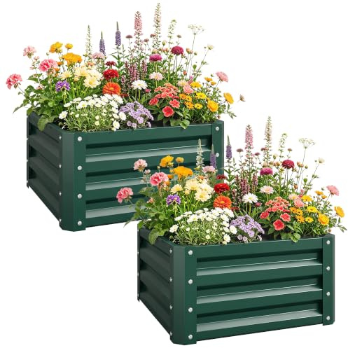 Outsunny Lot de 2 Jardinières Surélevées Acier Galvanisé 60x60x30,5cm Vert | Carré Potager de Jardin, pour Légumes, Fleurs et Herbes