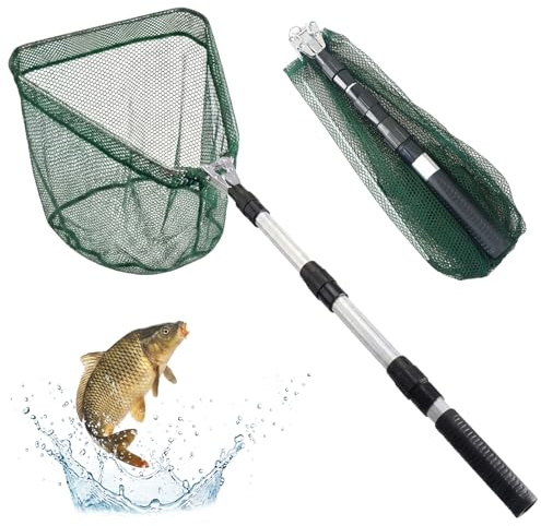 Cheynn Landing Net Fishing Telescopic 130 cm Extendable Fishing Landing Net Rubberised Landing Net with Foldable Fishing Net Fishing Net Outdoor Fishing Accessories for Children Adults Pond Streams