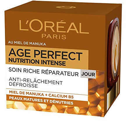 L'Oréal Paris - Crème de Jour Anti-Âge - Soin Réparateur, Anti-Relâchement & Nourrissant - Concentré en Miel de Manuka & Calcium B5 - Pour Peaux Matures - Age Perfect - Nutrition Intense - 50 mL