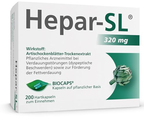 Hepar-SL 320 mg bei Verdauungsstörungen | 200 Hartkapseln | befreit von Völlegefühl, Blähungen, krampfartigen Bauchschmerzen & Sodbrennen | mit Spezialextrakt der Königsartischocke | ab 12 Jahren