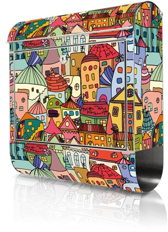 banjado Briefkasten Edelstahl 38x43x12cm & 2 Schlüssel - rostfreier Edelstahl Briefkasten mit Zeitungsfach - Postkasten A4 Einwurf inkl. Montagematerial - Motiv Funky Town