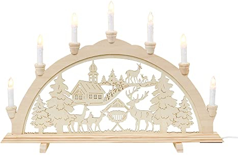 Dekohelden24 Arco Luminoso a 7 luci, Motivo: Chiesa Foresta con Cervo, Lunghezza x Larghezza x Altezza Circa 58 x 4 x 38 cm, Villaggio Invernale, 38 cm