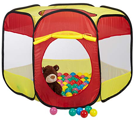 Relaxdays 10022471 Bällebad mit 100 Bällen für Kinder, Popup Spielzelt als Ballpool ab 3, HBT: 70x85x100 cm, sechseckig rot-gelb
