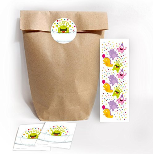 JuNa-Experten Mitgebsel Set aus 12 Geschenktüten/Natur, 12 Aufkleber und 12 Lesezeichen lustige Monster/Gastgeschenk bei Geburtstag Kindergeburtstag Hochzeit Taufe für Kinder Jungen Mädchen