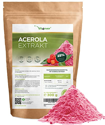 Acerola Pulver - 300 g (6,6 Monate Vorrat) - Natürliches Vitamin C - 200 Tagesportionen mit 1500 mg reinem Extrakt aus der Acerolakirsche - Laborgeprüft - Vegan