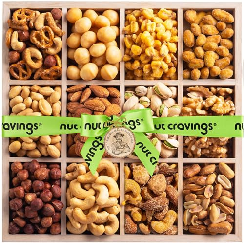 NUT CRAVINGS Purim Mishloach Manot - Cesta de regalo de frutos secos mixtos en bandeja de madera reutilizable + cinta verde (12 surtidos), regalos de Ramadán para adultos, paquete de cuidado de