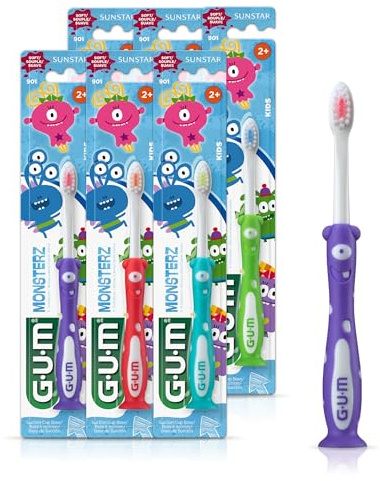 GUM Monsterz Children and Toddler Toothbrush, Soft Bristled Kids’ Toothbrush with Suction Cup, for Ages 2+, 1 Count(Pack of 6)