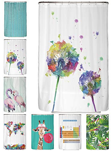arteneur Anti-Schimmel Duschvorhang 120x200 cm Bunte Pusteblume | Textil recycelt, OEKO-TEX 100, 40°C Maschinenwäsche, blickdicht, wasserdicht, beschwerter Saum, mit 8 recycelten Ringen