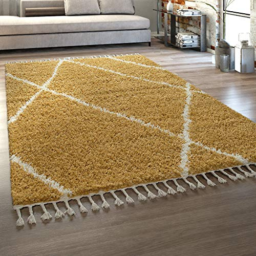 Paco Home Teppich Wohnzimmer, Schlafzimmer/Hochflor Shaggy in versch. Designs Farben und Größen, Grösse:140x200 cm, Farbe:Gelb