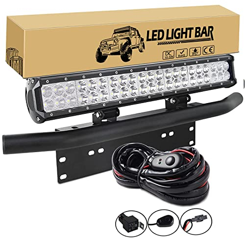 Willpower 126W 20 Inch LED Light Bar + 23 Inch License Plate Holder Universal Aluminum + Wiring Harness Kit Mount Bull Bar Front Bumper Number Plate Frame for Off Road Work Light