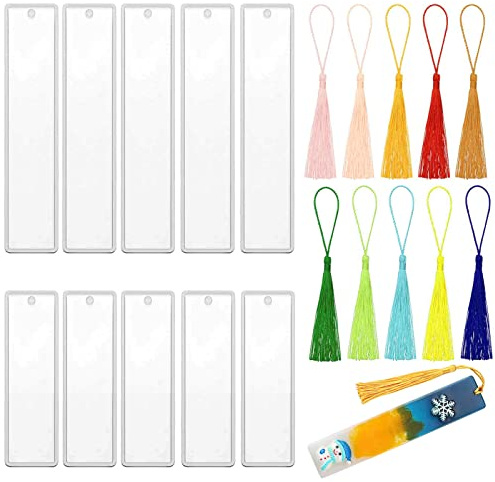 10 Piezas Molde Marcapaginas,Moldes Resina Epoxi para Marcapáginas + 10 Borlas Coloridas,Molde de Silicona Rectangular para Marcador de Libro