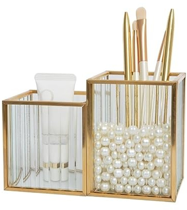 SLHEQING Glas Kosmetik Organizer Golden Vintage Makeup Organizer, Kosmetik Aufbewahrungsbox für Lippenstifte, Nagellack, Kosmetikpinsel