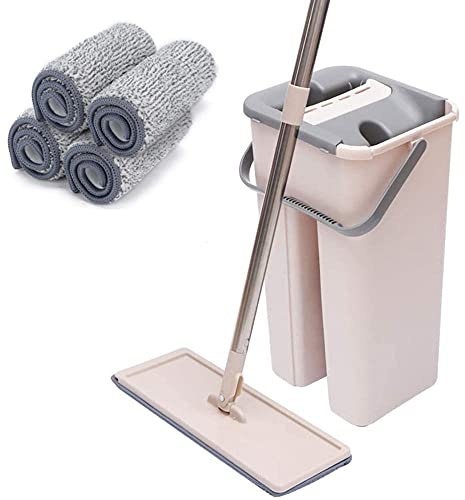 Kit Balai Serpillère Extra Large et Pivotante 360° Seau Essoreur Balai Microfibre Plat avec Manche en Inox Seau Double Compartiment Humide et à Sec 2 Serpillères Réutilisables, Tous Types de Sols