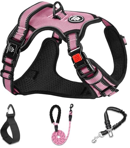 NESTROAD No Pull Dog Harness,Adjustable Oxford Medium Dog Harness with Leash,Reflective No-Choke Pet Vest Harness with Easy Control Soft Handle for Small Medium Large Dogs(M,Pink)
