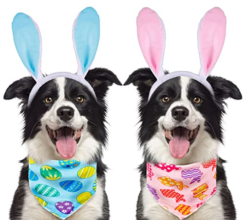 Whaline 2 Pcs Easter Pet Bandanas and 2 Pcs Dog Bunny Ear Headband Pink Blue Rabbit Egg Triangle Dogs Bibs Scarf Rabbit Ear Pet Headband for Cat Dogs Party Costume Accessories