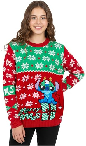 Disney Stitch Maglione Natalizio, Felpa Ragazza di Natale - Idea Regalo Bambini (Rosso/Verde, 7-8 Anni)