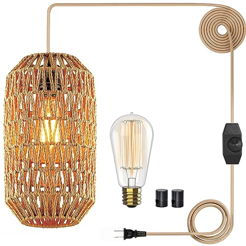 Ruzectt Boho Plug in Pendant Light Rattan Hanging Lights with 15FT Cotton Cord & Stepless Dimming Switch, Woven Wicker Basket Hanging Lamps for Bedroom Kitchen Island Living Room (Brown)