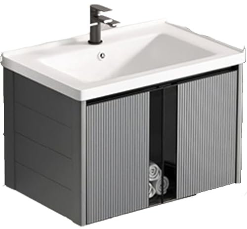 CASEGO Hanging Household Bathroom Cabinet Ceramic Integrated Basin Double Door Locker Multifunctional Washbasin Cabinet Combination (light gray 60CM)