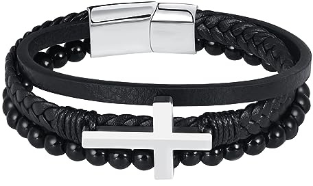Feilok Kreuz Perle Armband Herren Leder Armband Naturstein Geflochtenes Armband Armreif Wickelarmband Manschette mit Magnetverschluss