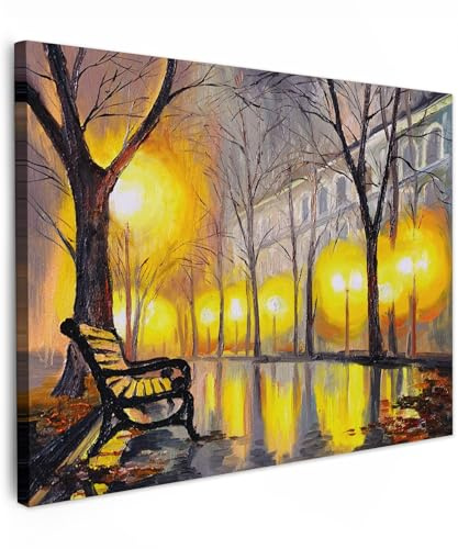 MuchoWow© Bilder Wohnzimmer Deko Modern Wandbild Foto auf Leinwand Bild | 80x60 cm - Schlafzimmer Room Decor Geschenke Kunstdruck - Gemälde - Bank - Wasser - Licht - Ölgemälde