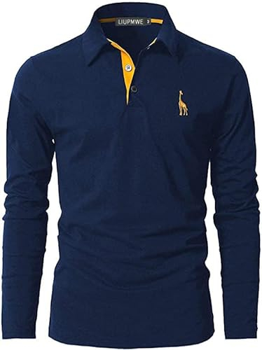 LIUPMWE Poloshirt Herren Langarm Polohemd Giraffe Stickerei Einfarbig Slim Fit T-Shirt M-3XL,Blau-09,XL