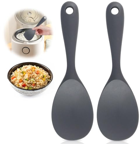 2 Stück Silikonlöffel Set, Antihaft Kochlöffel Kunststoff Reislöffel, Hitzebeständig Servierlöffel Silikon Kochlöffel für Reis, Reiskocher, Kartoffelpüree, Grau