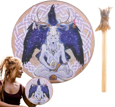 Tamburo a mano sciamano per adulti, 22,9 cm, suono guaritore strumentale, sciamano strumentale, design a testa di lupo, autentico tamburo siberiano per simboli musicali spirituali meditazione