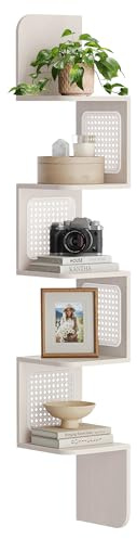 VASAGLE Eckregal 5 Ebenen, Wandregal, Zickzack-Form, platzsparend | Schweberegal, Regal Wandmontage, PVC-Rattan-Seitenplatten, Boho-Stil, haferbeige und wolkenweiß, ELLAN Kollektion LLS582K66