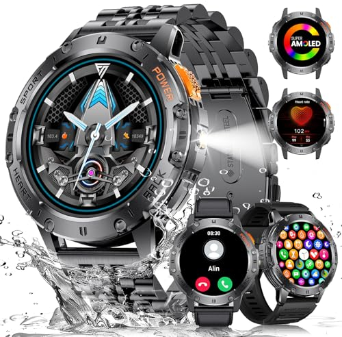 Montre Connectée Homme 530mAh avec Torche LED, 1.43'' Militär Smartwatch 3ATM Étanche avec Appels Bluetooth, 113 Modes Sportifs Fréquence Cardiaque Sommeil Podomètre Fitness Tracker pour iOS Android