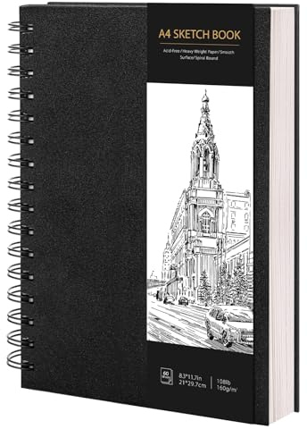 A4 Sketch Book, 60 Sheets Hardcover Spiral Bound Sketch Pad, 160gsm Thick Paper Drawing Pad, A4 Sketchbook for Sketching, Drawing, Pencil & Charcoal, Ideal for Artists, Art Projects, Graduation Gifts