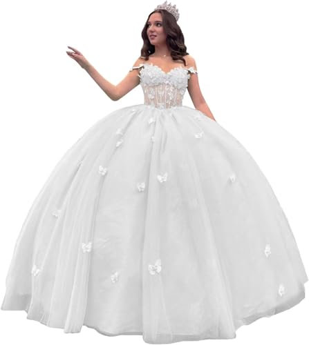 Yifanier Vestido de quinceañera con Escote corazón Vestido de Baile de Encaje de Tul, Vestidos de quinceañera de Mariposa con Lazo y Hombros Descubiertos Vestido de Baile 15 16 MT010