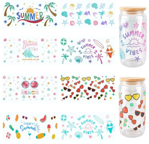 SOFPLATE 8Pcs 8 Styles Summer Cup Wraps Glass Cups Decals Bulk Transparent Plastic Vacation Sea Ocean Beach Themed Pattern Transfer Waterproof Decals Stickers for Tumblers Wood Decoration DIY Crafts
