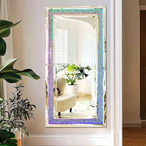 Artloge Ganzkörperspiegel mit Kristall Standspiegel RGB Beleuchtung 120×60 cm, Ganzkörper Wandspiegel Silber Rahmen modern Stehspiegel Deko Led Rechteckig Hängespiegel für Wohnzimmer Flur